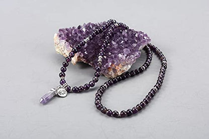 Jovivi 108 Mala Beads Bracelet 8mm Natural Amethyst Rose Quartz Healing Crystal Stone Mala Prayer Bead Necklace Hexagonal Prism Gemstone Reiki Pointed Pendant for Yoga Meditation Energy Balancing - color: Amethyst Crystal