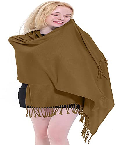 CJ Apparel Solid Color Tassels Design Nepalese Shawl Scarf Wrap Stole Throw Head Wrap Pashmina Gift Hand Made in Nepal New - color: Mode Beige Mix