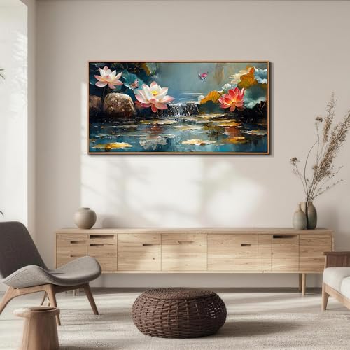 Anolyfi Lotus Canvas Large Framed Wall Art for Living Room, Lotus Wall Decor Zen Yoga Painting Artwork for Spa Bedroom Hallway Dining Room Office Home Decor, 48"x24" - color: Pink Lotus / Wood Framed, size: 48"L x 24"W
