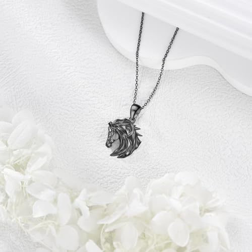Sterling Silver Cute Animal Pendant Necklace Fox/Snake/Unicorn/Owl on Moon/Rabbit/Horse Necklace Jewelry for Women Mom Sister - style: Black Horse