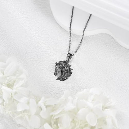Sterling Silver Cute Animal Pendant Necklace Fox/Snake/Unicorn/Owl on Moon/Rabbit/Horse Necklace Jewelry for Women Mom Sister - style: Black Horse
