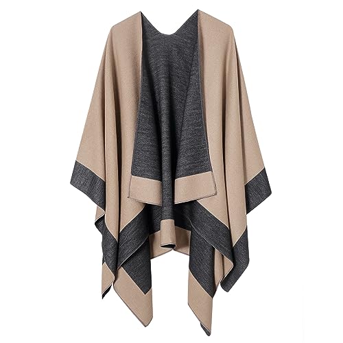 Women's Shawl Wrap Poncho Cape Cardigan Open Front Coat Shawl Wrap Scarf for Spring Fall Winter - color: Champagne Black