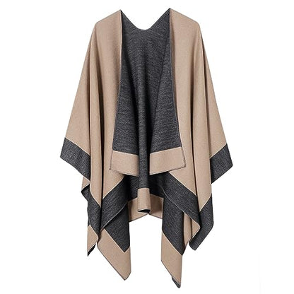Women's Shawl Wrap Poncho Cape Cardigan Open Front Coat Shawl Wrap Scarf for Spring Fall Winter - color: Champagne Black