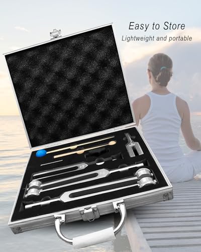 4 Pcs Tuning Fork Set (128Hz, OM 136.1Hz, MI 528Hz, 4096Hz), Solfeggio Tuning Fork Set with Rubber Mallet Sound Tool and Aluminum Box for Sound Regulation Stress Reduction Yoga Meditation Relaxation