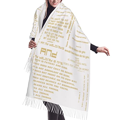 Presents for Women,White Religious Christian Jesus Loves Me Bible Verse Fringe Pashmina Shawl Wrap for Bridal Wedding Party - color: White Gold Love