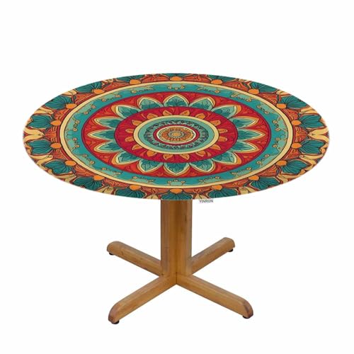 Mandala Round Table Cloth Vintage Oriental Motifs Traditional Circle Meditation Folk Elastic Edged Table Cover Fade and Stain Resistant Table Cloths Fits Tables 40-44" Diameter - color: Mandala