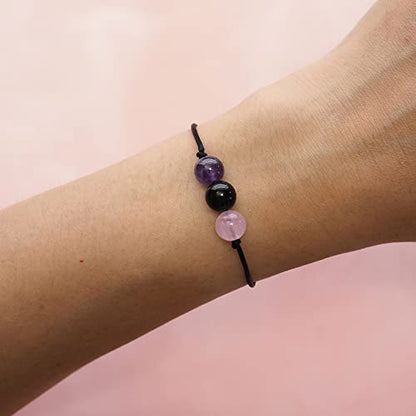 BOHO GARDEN Healing Bead Bracelets - Spiritual Crystal Beaded Bracelet - Made of 3 Real & Natural Gemstones, Adjustable 3-9.7” Black Rope - Gem Stones Jewelry for Men, Women, Teens (13+) - 8mm Bead - color: AnxietyRelief