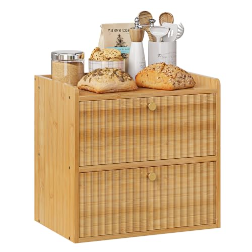 Trironsun Rustic Bread Box for Kitchen Countertop Bamboo Bread Storage Container Bin Double Layer BreadBox Farmhouse Large Capacity Food Organizer (Natural Bamboo) - color: Natural Bamboo