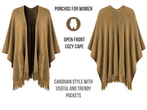 Ferand Shawl Wraps for Women, Cozy Lightweight Poncho Cape with Pockets, Warm for Fall Winter Travel - color: Camel
