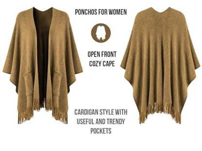 Ferand Shawl Wraps for Women, Cozy Lightweight Poncho Cape with Pockets, Warm for Fall Winter Travel - color: Camel