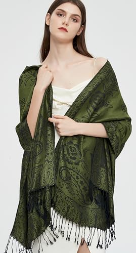 Pashmina Shawl Wrap with Ethnic Paisley Two Tone Jacquard Scarf for Women - color: Paisley-green