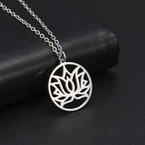 TEAMER Lotus Necklace Stainless Steel Flower of Life Necklace Yoga Meditation Pendant Inspirational Jewelry For Women - color: Style 4 - Silver
