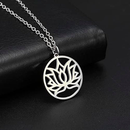 TEAMER Lotus Necklace Stainless Steel Flower of Life Necklace Yoga Meditation Pendant Inspirational Jewelry For Women - color: Style 4 - Silver