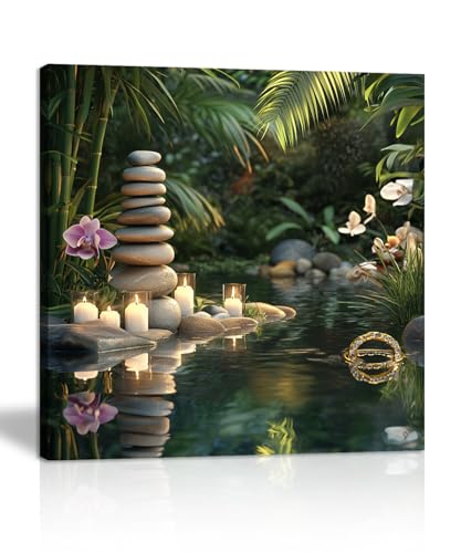 Zen Canvas Wall Art, Bamboo Stone & Candle in Water Print Framed Decor, Meditation Painting for Bathroom Living Room Bedroom(Artwork-05, 12"x12") - color: Zen Art 05, size: 12"L x 12"W