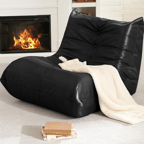 Hobestluk Giant Bean Bag Chair Lazy Floor Sofa, Memory Foam Fireside Sofa for Adults, Big Beanbag Faux Leather Armless Chair for Living Room Bedroom Dorm Office (Black, Single) - color: Black, size: Single