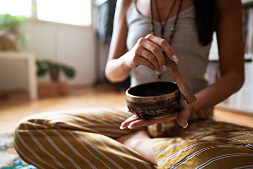 Tibetan Singing Bowl Set | Peace Mantra Design With Mallet and Silk Cushion Meditation Sound Bowl - Promotes Peace, Chakra Healing, and Mindfulness | For Yoga, Meditation (black) - color: black