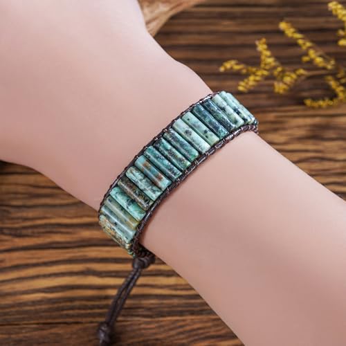 Women Boho Handmade Natural Stone Crystal Leather Bead Wrap Bracelets Collection - style: African Turquoise 1W