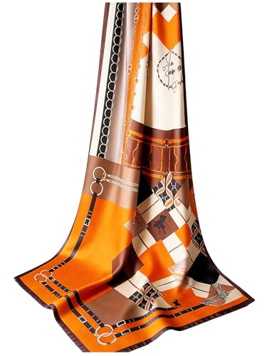 100% Mulberry Silk Oversized Women’s Sun-Shielding Shawl Formal Evening Neckwear Featherlight Airy - color: N15-tangerine Geo Scarf（69" X 21"inch）