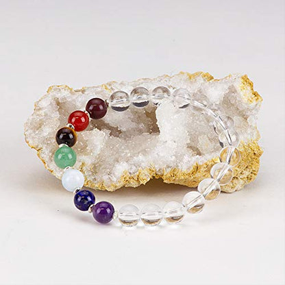 Cherry Tree Collection Chakra Stretch Bracelet | Genuine Natural 8mm Gemstones Beads, Sterling Silver Spacers | Men/Women | Small, Medium, Large Sizes - color: Clear Quartz - Large