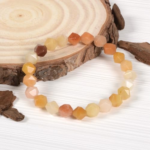 Justinstones 8mm Natural Gemstone Round Beads Triangle Faceted Charm Stretch Bracelet 6.5" - color: Multicolor Yellow Quartize