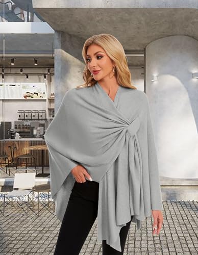 PULI Womens Elegant Cross Front Shawl Wraps Knitted Ponchos Cape Light Weight Poncho Sweater Soft Warm Travel Wraps - color: Grey