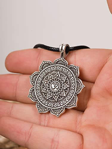 HAQUIL Mandala Flower of Life Necklace, Buddhist Lotus Flower Om Mandala Pendant, Faux Leather Cord - color: S02