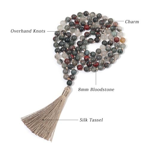 8MM Beads Chakra Long Mala Necklace Natural Stone Meditation Statement Necklace Japa Yoga Buddhist Rosary Prayer Charm Beaded Tassel Necklace - color: Bloodstone