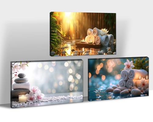 3 Pcs Zen Wall Art, Zen Stone Candle White Orchid Flower Pictures, Abstract Relax Calm Spa Paintings, Framed Zen Themed Canvas Prints Wall Decor for Living Room Bedroom Wall Home Office Artw