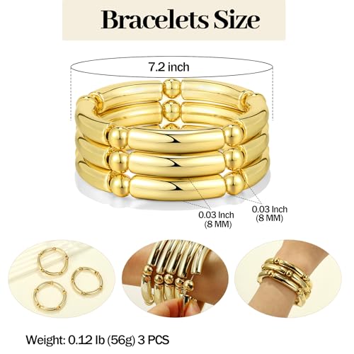 Gold Chunky Bangles Bracelets For Women 14k Gold Plated Stack Layered Curved Bamboo Tube Stretch Bracelets Gift Jewelry - color: 3pcs Gold-8mm