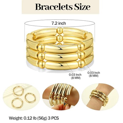 Gold Chunky Bangles Bracelets For Women 14k Gold Plated Stack Layered Curved Bamboo Tube Stretch Bracelets Gift Jewelry - color: 3pcs Gold-8mm