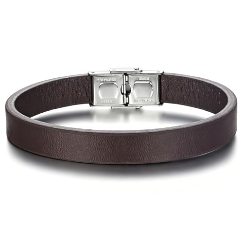 Men's Leather Bracelet, Stackable Stainless Steel Clasp Bracelets for Men Stylish Birthday, Thanksgiving, Valentine's Day Gift for My Man - style: 8.4" Brown Leahter