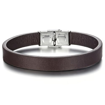 Men's Leather Bracelet, Stackable Stainless Steel Clasp Bracelets for Men Stylish Birthday, Thanksgiving, Valentine's Day Gift for My Man - style: 8.4" Brown Leahter