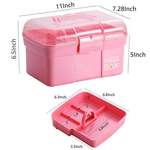 11'' Plastic Storage Box with Removable Tray, Multipurpose Organizer and Storage Case for Art Craft and Cosmetic (Pink)