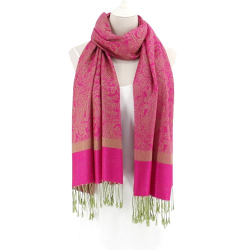 Silky Paisley Pashmina Shawl Scarf-Women's Soft Double-side Jacquard Pashminas Wrap for Evening Dress Travel Shawl - color: A-hot Pink/Green