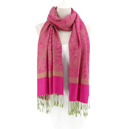 Silky Paisley Pashmina Shawl Scarf-Women's Soft Double-side Jacquard Pashminas Wrap for Evening Dress Travel Shawl - color: A-hot Pink/Green
