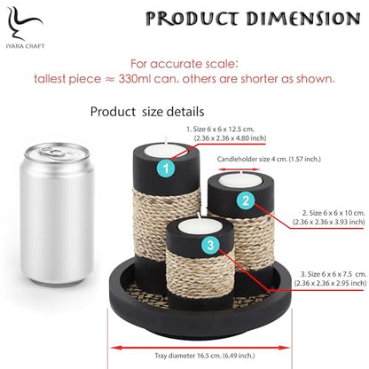 Tealight Candle Holders with Tray – Set of 3 Rustic Black Wooden Candle Holders with Natural Rope Accent, Cozy Centerpiece for Romantic Dinner Table Decor, Anniversary & Housewarming Gifts