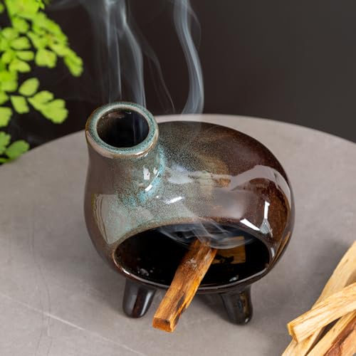 MOUGIGI Handcrafted Ceramic Palo Santo Holder Burner with Green Glaze - Modern Footed Pottery Incense Chimney Dish - Great for Meditation - Wood Sticks, Sage, Ash Catcher Bowl, Cone Compatible. - color: Glazed Ceramics -Footed Black and Green
