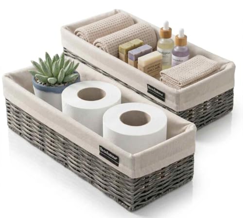 Brookstone Over the Toilet Tank Wicker Storage Basket, Bathroom and Closet Organizers and Storage Bins with Fabric Liner, Grey, 2 Pack Set - color: Grey w/ Liner (2 Pack)