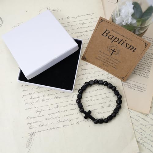MILAKOO Wooden Bracelet with Black Stainless Steel Cross Charms Bead Christian Gifts for Women Men - color: B1