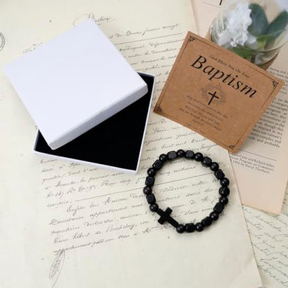 MILAKOO Wooden Bracelet with Black Stainless Steel Cross Charms Bead Christian Gifts for Women Men - color: B1