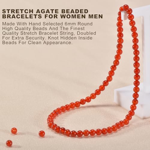 14in Agate Wrap Bracelet for Women Men Natural Round Beaded Agates Stone Healing Stretch Bracelets Elastic Handmade Polished Gemstone Beads Bracelet - color: Red Agate, size: 6mm Beads