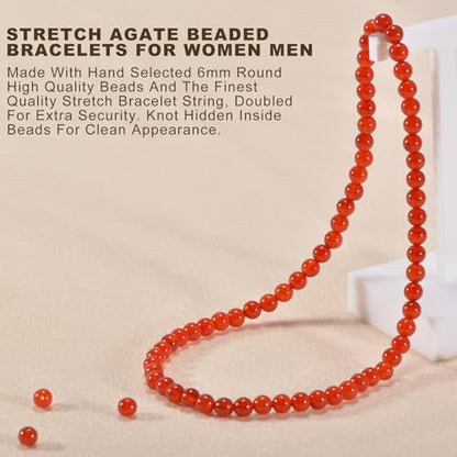 14in Agate Wrap Bracelet for Women Men Natural Round Beaded Agates Stone Healing Stretch Bracelets Elastic Handmade Polished Gemstone Beads Bracelet - color: Red Agate, size: 6mm Beads