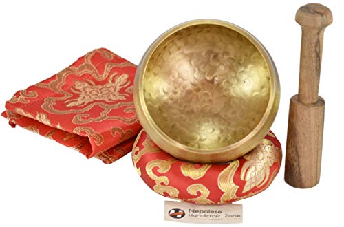 NHZ Meditation Yoga Singing Bowl Set With Mallet, Cushion & Brocade Bag - For Meditation, Chakra Healing, Prayer,Yoga, and Mindfulness (3.5 Inch Red) - color: Red