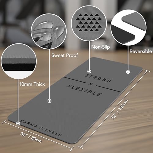 Large Exercise Mat – Extra Thick 10mm Workout Mat (72"x32") – Non-Slip TPE Yoga Mat for Women & Men – Pilates, HIIT, Fitness & Home Gym Mat – Includes Free Carry Bag - color: Grey - Printed