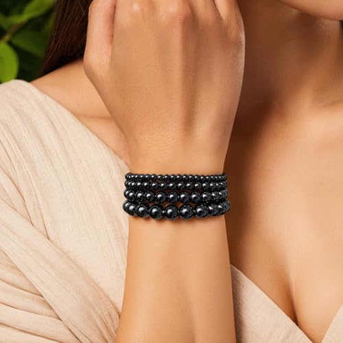 4pcs Beaded Bracelets for Women,Natural Healing Crystal Gemstones Bracelet,Anxiety Stress Relief Bracelet Handmade purple Jewelry Gifts for Women - color: Black Obsidia