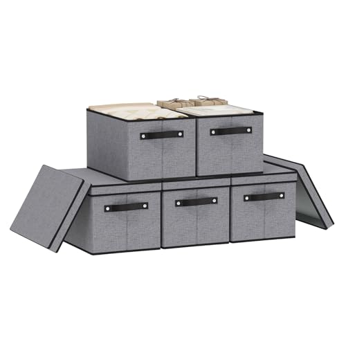 Storage Boxes with Lids, 15 x 9.8 x 8.3 Inch Storage Bins for Wardrobe Bedroom Laundry, Fabric Closet Organizers with Handles,Gray, 5-Pack - color: Grey, size: Medium（5 Pack）