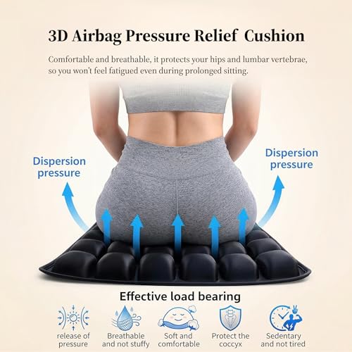 Inflatable Seat Cushion – Breathable, Pressure-Relieving Air Cushion, No Pump Needed, Ideal for Airplane Travel, Office, Car, Wheelchair & Camping – Lightweight, Foldable & Portable (Black)