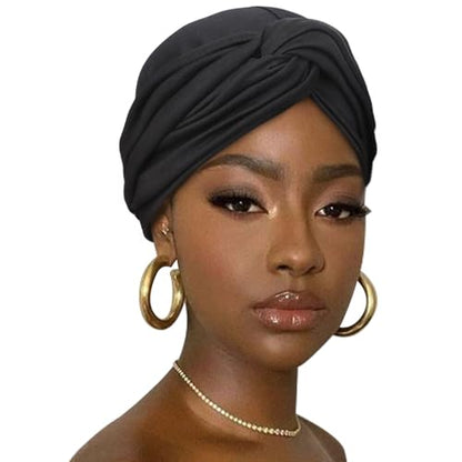 DRESHOW African Turban for Women Knotted Hairwraps for Sleeping Turban Headwraps Head Warmer Scarf for Black Women Chemo Cap - color: 1 Pack Style 2: Solid Black