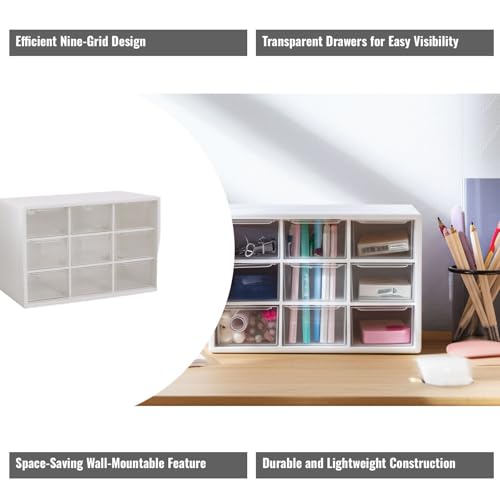 Wall-Mountable Drawer Organizer for Jewelry, Craft Supplies & Desk Accessories - Transparent Storage Box with 9 Compartments