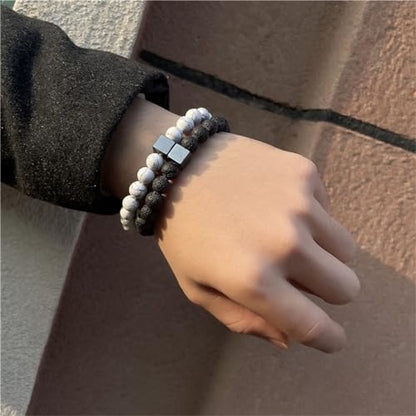 2Pcs Matte Lava Rock Volcanic Stone Beads Stretch Bracelet Stacking Frosted Gemstone Turquoise Seed Bracelet for Men Women Couple Stress Relief Aromatherapy Jewelry Gift - color: P bead